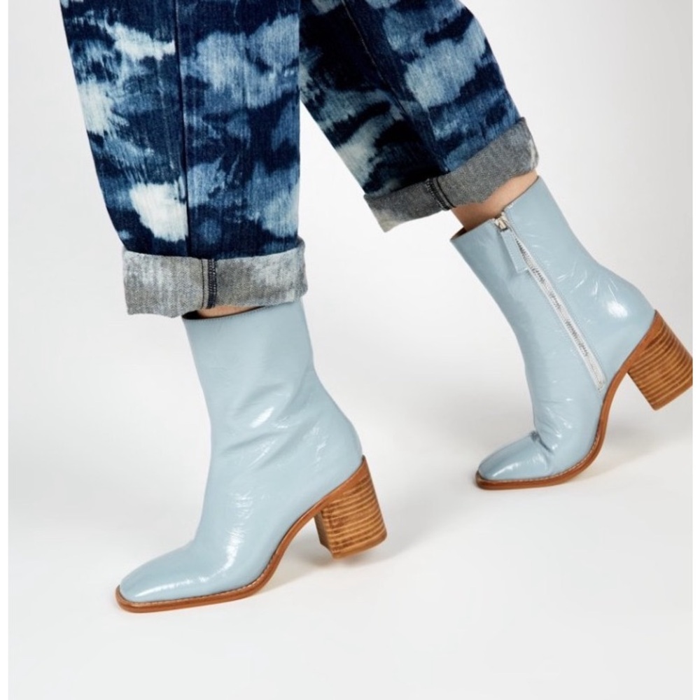 INTENTIONALLY BLANK Light Blue Patent Leather Block Heel Ankle Boots
